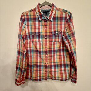 Tommy Hilfiger Youth Plaid Button Down Shirt Red Orange Pink Long Sleeve Large